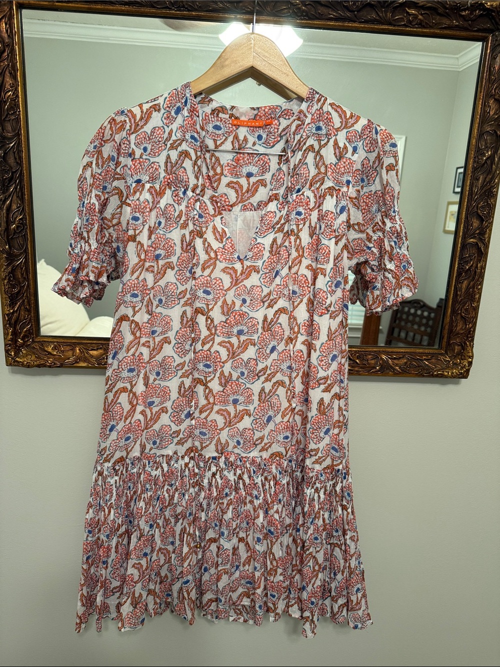 Oliphant Designs Block Print Floral Smocked Drop Waist Mini Dress